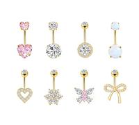 Auiremrti 8 pezzi di anelli per ombelico 14G gioielli anelli in acciaio inossidabile, CZ perla opale navel piercing, acciaio chirurgico oro cuore farfalla, set piercing ombelico