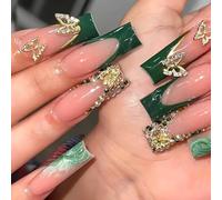 Auiremrti Set Di Unghie Finte, 24 Pezzi Lunghe Unghie Rettangolari Verdi Con Design Di Farfalle 3D Dorato, Inclusi Colla Jelly E Strumenti, Unghie Finte