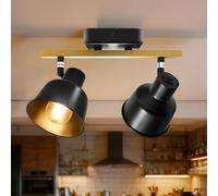 Aulaiyi Faretto da soffitto 2 lampadine, rotazione di 350°, plafoniera LED retrò, attacco E14, luce effetto legno industriale, adatta per cucine, soggiorni, nero (lampadine non incluse)