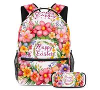 Aumenta la fiducia della tua scuola, zaino con astuccio, il set definitivo per ragazzi, ragazze e adolescenti, ghirlanda di Pasqua rosa felice, Multicolore, B:29.4x20x40cm P:19x7.5x3.8cm, Zaini