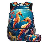 Aumenta la tua fiducia con lo zaino alla moda da 2 pezzi, grazioso cavalluccio marino, Multicolore, B：29.4x20x40cm P：19x7.5x3.8cm, Zaini Daypack