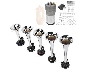 Aumotop Kit Tromba D'aria Musicale 12V Cromata Forte per Camion, Furgoni, Set di 5 Trombe in ABS Cromato per Camion