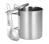 Aumotop Tazza in Acciaio Inossidabile da 750 Ml con Impugnatura Pieghevole e Coperchio, Vaso da Campeggio Portatile per Zaino in Spalla (tazza con cucchiaio)