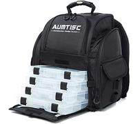 AUMTISC Zaino da pesca Borsa grande con copertura antipioggia protettiva e scatola per 4 vassoi nera