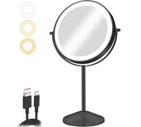 AumVum Specchio da trucco da 20,3 cm, con luci LED, ingrandimento 1X/10x, ricaricabile, controllo touch dimmerabile a 3 colori, rotazione a 360 gradi, per la cura della pelle e la toeletta, nero