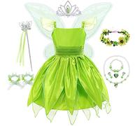 AUNC Vestito da ragazza Fairy Princess Verde Tinkerbell Costume per cosplay Carnevale Halloween festa di compleanno abito con ali e accessori 7-8T