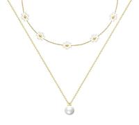 AUNEK Collana girocollo da donna, con margherite e perle, 40,6 cm e 50,8 cm, regolabile, in acciaio inox, color oro, gioiello minimalista con motivo floreale, regalo per lei
