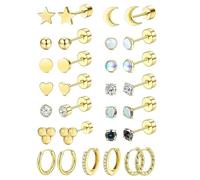 AUNEK Set di 15 Paia di Orecchini in Acciaio Chirurgico, Piccole Sfere di Opale E Punti Luce CZ, Cerchi con Retro Piatto, Placcato Oro 18K, Cartilagine, Trago, Elica, Lobo, Confezione Regalo