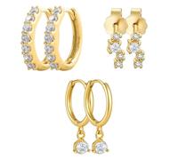 AUNEK Set di 3 Paia di Orecchini a Cerchio Dorati per Donna, Piccoli Cerchi Delicati, Borchie CZ E Pendente, Gioielli Leggeri, Confezione Regalo