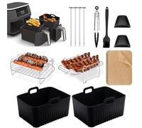 AUNEK Set di accessori per friggitrice ad aria di alta qualità, 13 pezzi, per Ninja Dual Zone AF300UK AF400UK, fodere in silicone, rack, pinze, spazzole, guanti, fodere per pergamena, senza BPA