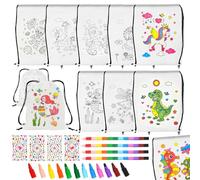 AUNGCSHE 16 Pezzi Zaini da Colorare e Sacche da Colorare, Borsa Graffiti DIY con 4 Pastelli a Cera Impilabili (12 Colori in 1) e 4 Fogli di Gemme Adesive, Regali Creativi per Feste e Compleanni