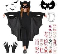 AUNGCSHE 18 Pezzi Costume Pipistrello Bambini, S/M/L/XL, Vestito Halloween Bat Costume, Maschera da pipistrello, Denti da Vampiro, Tatuaggi Halloween per Carnevale Vampire Cosplay Ragazzi Ragazze (M)
