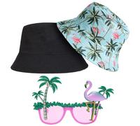 AUNGCSHE Set Cappello da Pescatore con Fenicottero e Palme e Occhiali da Sole Divertenti, Cappello da Pesca Reversibile Estivo per Spiaggia, Festa Hawaiana e Summer Party