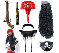 AUNGKWANG Kit Accessori Pirata, 7 Pezzi Accessori Costume da Pirata, bandana pirata, Benda, Cannocchiale, Pistola, Parrucca, Barba Finta, Pirata Accessori per Carnevale Feste a Tema