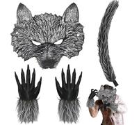 AUNGKWANG Maschera da Lupo Set, 4 Pezzi Costume Karneval Lupo Mannaro, Include Maschera Lupos Guanti Coda, Lupos Mannaro Costume Adatto Adulto Bambino, Accessori Per Costumi Halloween