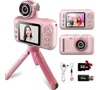 Aunis Fotocamera per bambini, fotocamera digitale per selfie con videocamera da 40 MP, rotazione a 180° 1080p HD per scheda SD da 32 GB e bastone, regalo per ragazze e ragazzi dai 6 ai 12 anni (rosa)