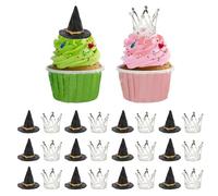 AUNMAS 12 Set Mini Cappello da Strega e Toppers per Torta, Cappelli da Mago in PVC con Corone in Lega di Zinco Decorazioni per Cupcake Forniture per Feste di Compleanno a Tema