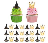 AUNMAS 12 Set Mini Cappello da Strega e Toppers per Torta con, Cappelli da Mago in PVC con Corone in Lega di Zinco Decorazioni per Cupcake Forniture per Feste di Compleanno a Tema (GOLD)