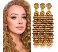 AuokMar 26 26 26 Pollice #27 Honey Blonde Water Wave Bundle Umano Capelli Premium Unprocessed Bionda Wave Acqua Capelli Umani Doppia Weft Brazilian Remy Hair Extension 3 Bundle Totale 150g