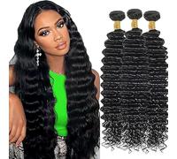 AuokMar 26 26 26 Pollice Natural Black Deep Wave Bundle Umano Capelli Premium Unprocessed Deep Wave Capelli Umani Doppia Weft Brazilian Remy Hair Extension per le donne 3 Bundle Totale 150g