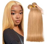 AuokMar #27 Honey Blonde Straight Bundles Human Hair Premium Unprocessed Straight capelli umani Double Weft Brazilian Remy Hair Extensions 3 Bundle Total 150g 14 14 14 Pollici
