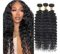AuokMar 28 28 28 Inch Natural Black Deep Wave Bundles Uman Hair Premium Unprocessed Deep Wave Capelli Umani Doppia Weft Brazilian Remy Hair Extensions For Women 3 Bundle Totale 150g