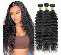AuokMar 32 32 32 Inch Natural Black Deep Wave Bundles Human Hair Premium Unprocessed Deep Wave capelli umani Double Weft Brazilian Remy Hair Extensions 3 Bundle Total 150g