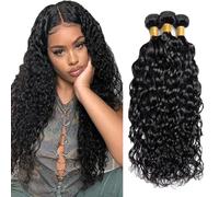 AuokMar Tessuto Capelli Brasiliani Natural Black Bundle Human Hair Extension Machine Double Weft Weave Water Wave Human Hair Tessuto Capelli Naturali 50g/Bundle 3 Bundles 32 32 32 Pollice