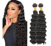 AuokMar Tessuto Capelli Brasiliani Natural Black Bundles Human Hair Extension Machine Double Weft Weave Deep Wave Human Hair Tessuto Capelli Naturali 50g/Bundle 2 Bundles 28 28 Pollice