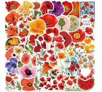 Auony 50 adesivi a forma di papavero, per il giorno della memoria, impermeabili, in vinile, per laptop, scrapbooking, skateboard, decorazione per bottiglie d'acqua