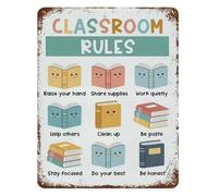 AUOQKQUT Colorful Cute Classroom Rules Metal Sign Educational Fun Characters Wall-Art For School Kindergarten Nursery Decor 8 X 12 in