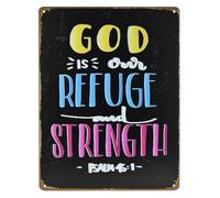 AUOQKQUT Retro God Is Our Refuge And Strength Metal Sign Scripture Verse Wall-Art for Home Office Decor Faith Motivational Tin Plaque 8 X 12 inch