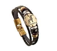 AUOU 1 braccialetto in pelle punk con 12 segni zodiacali e perline di legno e ematite nera, Pietra