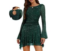 Aupuls Abito da cocktail asimmetrico da donna con paillettes a maniche lunghe per uscire da cocktail, Verde scuro., S