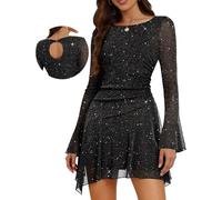 Aupuls Mini abito scintillante con paillettes e maniche a campana in rete increspato abiti da ballo per feste e club, nero, L