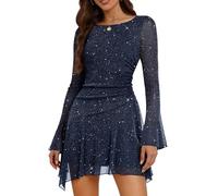 Aupuls Mini abito scintillante con paillettes e maniche a campana in rete increspato abiti da ballo per feste e club, Navy, L