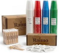 AURACAFFE' Kit Accessori Caffe 450 Bicchieri a Cono Colorati 75ml, 450 Palatine Legno Imbustate Singolarmente, 450 bustine Zucchero Monodose. Set accessori caffe Completo per Ufficio, Casa e Bar