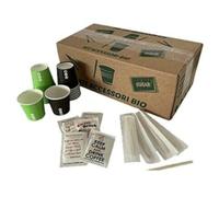AURACAFFE' kit accessori caffe con 150 Bicchierini Caffè Di Carta Biodegradabili 75ml con Grafica Biocompostabili - 150 Palettine e 150 Bustine Di Zucchero. Made In Italy