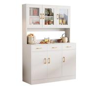 AuraFurn Armadietto da cucina, 170 cm, a buffet, in legno, multiuso, con cassetti e porta in vetro, scomparto aperto, con piano di lavoro, bianco