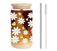 AuraFusion Aesthetic Gläser - Bicchiere in Vetro da 16 oz con Coperchio e Cannuccia, Design con Motivo Floreale, Perfetto per caffè Freddo, frullati e Altro
