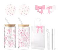 AuraFusion Aesthetic Glass Cups - Set da 2 Bicchieri in Vetro da 16 oz con Fiocco a Farfalla e Motivo Floreale, Set Regalo per Donne Rosa Incluso Coperchio e Cannuccia