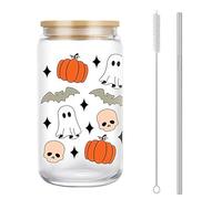 AuraFusion Cosmeria Halloween Deko - 16 oz Bicchiere di Vetro a Forma di Zucca e Fantasma con Coperchio e Cannuccia, Design Spettrale, Perfetto per caffè Freddo, Cocktails e Feste di Halloween