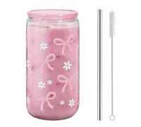 AuraFusion Glas mit Deckel und Strohhalm - 16 oz Pinker Schmetterlingsschleifen-Becher, Estetico Bicchiere per caffè, Frullati e Altro, Regalo per Donne