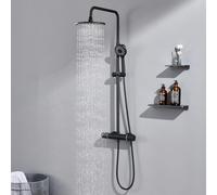 Auralum Colonna Doccia con Miscelatore, Colonna Doccia Termostatico Nero Altezza Regolabile, Saliscendi Doccia con Soffione e Doccetta a 3 Getti