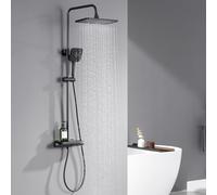 Auralum Colonna Doccia con Porta Sapone per Doccia, Colonna Doccia Nero con Miscelatore Termostatico, Asta Doccia con Soffione e Doccetta, Saliscendi Doccia Acciaio Inox Altezza Regolabile 88-124cm