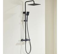 Auralum Colonna Doccia Kit con Rubinetto Termostatico Antiscottatura, Miscelatore Doccia Esterno Set Doccia con Soffione 25x25cm, Doccetta, Asta Doccia in Acciaio Inox e Tubo Doccia in PVC, Nero