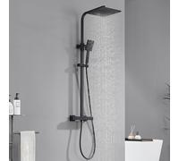 Auralum Colonna Doccia Nera con Miscelatore Termostatico, Miscelatore Doccia Esterno Ottone, Set Doccia Soffione Quadrato 25cmx25cm, Asta Saliscendi Doccia in Acciaio Inox Altezza Regolabile 81-125cm