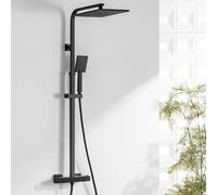 Auralum Colonna Doccia Nera con Miscelatore Termostatico, Miscelatore Doccia Esterno, Set Doccia Soffione Quadrato 25cmx25cm, Asta Saliscendi Doccia in Acciaio Inox Altezza Regolabile 97-130cm