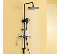 Auralum Colonna Doccia Senza Miscelatore con Mensola Doccia e Doccetta | Soffione Doccia Rotonda 25cm, Doccino Doccia 4 Funzioni, Asta Doccia Altezza Regolabile 72-110cm, Fori Muro Regolabili, Nero