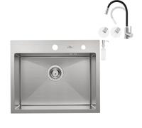 Auralum Lavabo da cucina 55 x 45 cm + rubinetto flessibile da cucina con 2 tipi di getto, lavello in acciaio inox, rettangolare, con dispenser di sapone e sifone, lavello da incasso, 1 vasca
